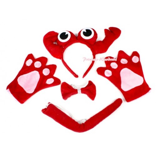 Red Crab 4 Piece Set in Ear Headband, Tie, Tail , Paw PC040 