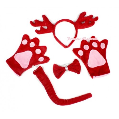 Xmas Red Reindeer 4 Piece Set in Ear Headband, Tie, Tail , Paw PC047 