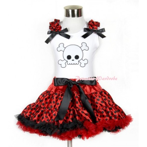 Halloween White Tank Top with White Skeleton Print with Beetle Red Black Dots Ruffles & Black Bow & Beetle Red Black Dots Pettiskirt MG752 