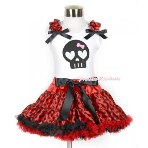 Halloween White Tank Top with Black Skeleton Print with Beetle Red Black Dots Ruffles & Black Bow & Beetle Red Black Dots Pettiskirt MG753 