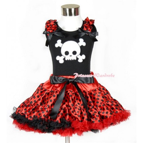 Halloween Black Tank Top with White Skeleton Print with Beetle Red Black Dots Ruffles & Black Bow & Beetle Red Black Dots Pettiskirt MW310 