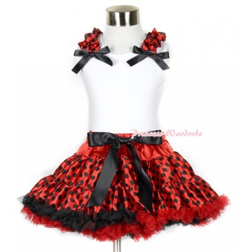Halloween White Tank Top With Beetle Red Black Dots Ruffles & Black Bows With Beetle Red Black Dots Pettiskirt MN111 