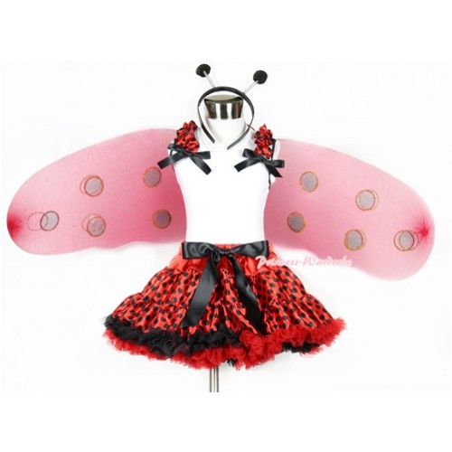Halloween White Tank Top With Red Black Dots Ruffles & Black Bows With Red Black Dots Pettiskirt With Beetle Wing &Headband 2PC Set MG754 