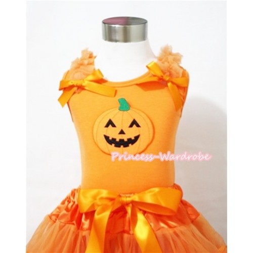 Halloween Pumpkin Print Orange Tank Top with Orange Ruffles and Bow TN21 