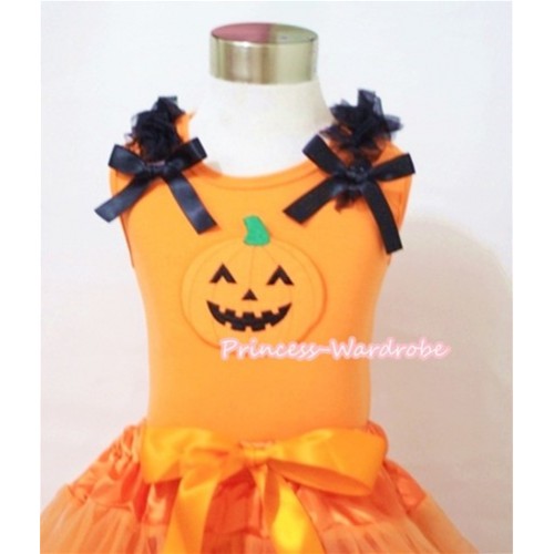 Halloween Pumpkin Print Orange Tank Top with Black Ruffles and Bow TN22 