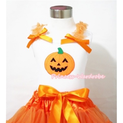 Halloween Pumpkin Print White Tank Top with Orange Ruffles and Bows TB182 