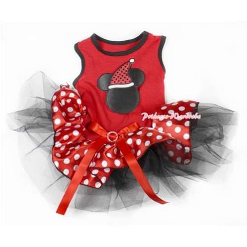 Xmas Hot Red Sleeveless Minnie Polka Dots Black Gauze Skirt With Christmas Minnie Print With Red Rhinestone Bow Pet Dress DC040 