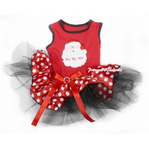 Xmas Hot Red Sleeveless Minnie Polka Dots Black Gauze Skirt With Santa Claus Print With Red Rhinestone Bow Pet Dress DC042 