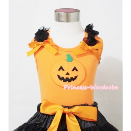 Halloween Pumpkin Print Orange Tank Top with Black Ruffles and Orange Bows TN23 