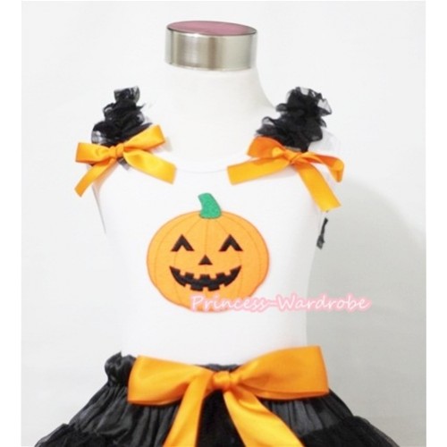Halloween Pumpkin Print White Tank Top with Black Ruffles and Orange Bows TB183 