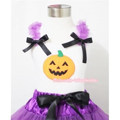 Halloween Pumpkin Print White Tank Top with Dark Purple Ruffles and Black Bows TB184 