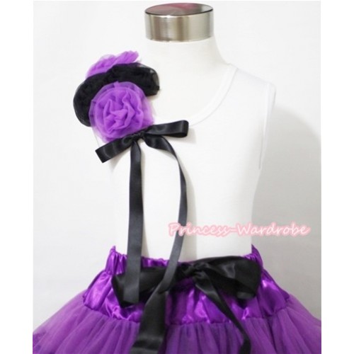 White Tank Top with a Bunch of Dark Purple Black Rosettes and Black Bow TB95 