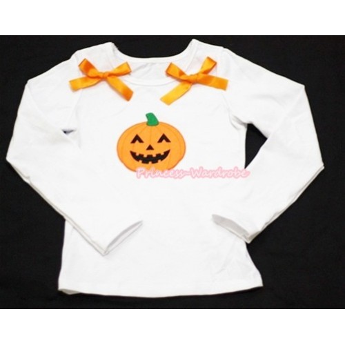 Halloween Pumpkin Print White Long Sleeves Top with Orange Bow T701 