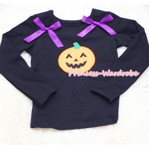 Halloween Pumpkin Print Black Long Sleeves Top with Dark Purple Bow T812 