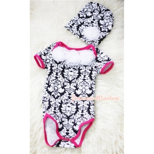 Hot Pink Damask Print Baby Jumpsuit with White Rosettes and Cap Set TH191 