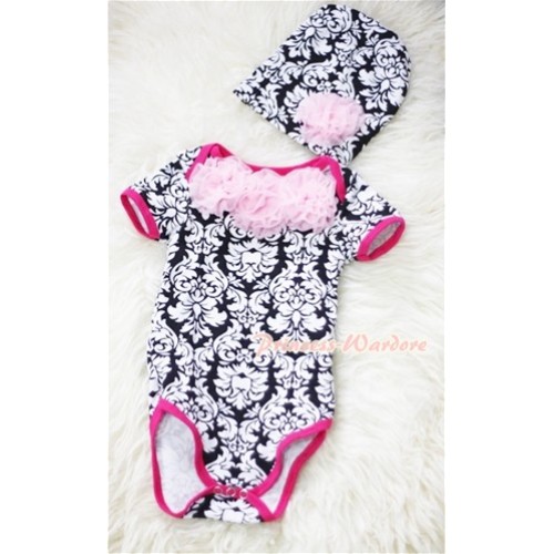 Hot Pink Damask Print Baby Jumpsuit with Light Pink Rosettes and Cap Set TH192 