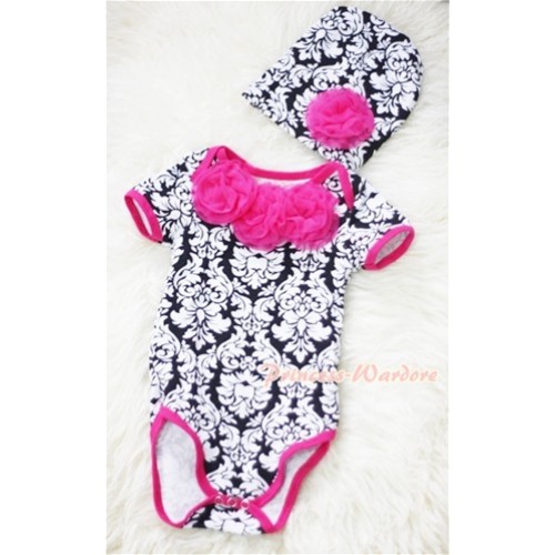 Hot Pink Damask Print Baby Jumpsuit with Hot Pink Rosettes and Cap Set TH193 