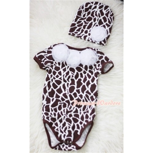 Giraffe Print Baby Jumpsuit with White Rosettes and Cap Set TH201 