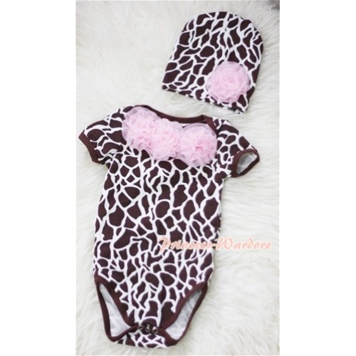 Giraffe Print Baby Jumpsuit with Light Pink Rosettes and Cap Set TH202 