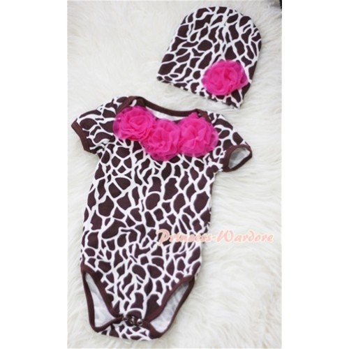 Giraffe Print Baby Jumpsuit with Hot Pink Rosettes and Cap Set TH203 
