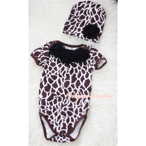 Giraffe Print Baby Jumpsuit with Black Rosettes and Cap Set TH204 