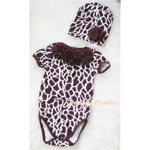 Giraffe Print Baby Jumpsuit with Brown Rosettes and Cap Set TH205 