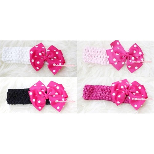 Optional Headband with Hot Pink White Polka Dots Silk Bow H247 