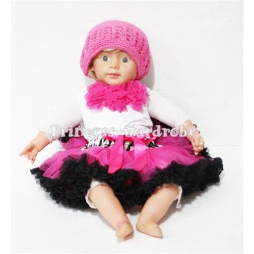 White Baby Pettitop & Hot Pink Rosettes with Zebra Waist Hot Pink Black Newborn Pettiskirt NG38 