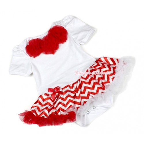 Xmas White Baby Jumpsuit Red White Wave Pettiskirt with Red Rosettes JS1392 