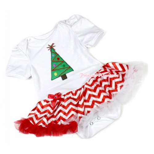Xmas White Baby Bodysuit Jumpsuit Red White Wave Pettiskirt with Christmas Tree Print JS1395 