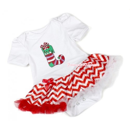 Xmas White Baby Bodysuit Jumpsuit Red White Wave Pettiskirt with Christmas Stocking Print JS1397 