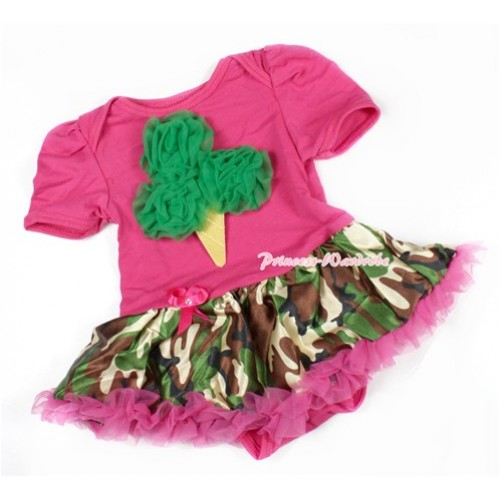 Hot Pink Baby Bodysuit Jumpsuit Hot Pink Camouflage Pettiskirt with Kelly Green Rosettes Ice Cream Print JS1409 