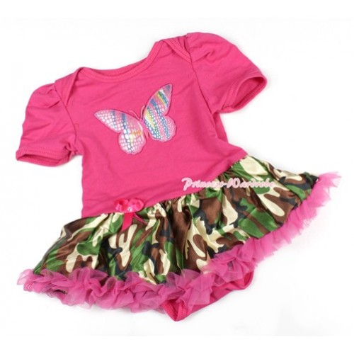 Hot Pink Baby Bodysuit Jumpsuit Hot Pink Camouflage Pettiskirt with Rainbow Butterfly Print JS1414 