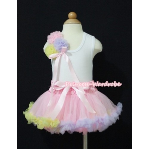 White Baby Pettitop & Bunch of Light Pink Yellow Lavender Rosettes & Light Pink Ribbon with Light Pink Rainbow Mix Baby Pettiskirt NG416 