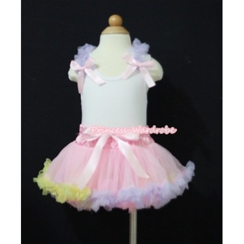 White Baby Pettitop & Lavender Ruffles & Light Pink Bow with Light Pink Rainbow Mix Baby Pettiskirt NG820 