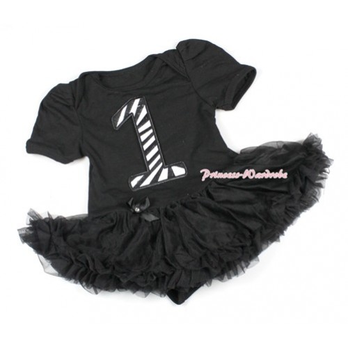 Black Baby Bodysuit Jumpsuit Black Pettiskirt with 1st Black Zebra Birthday Number Print JS1431 
