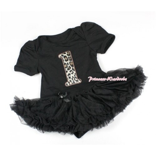 Black Baby Bodysuit Jumpsuit Black Pettiskirt with 1st Leopard Birthday Number Print JS1433 