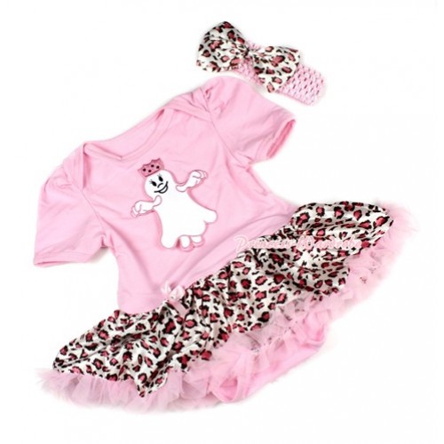 Halloween Light Pink Baby Bodysuit Jumpsuit Light Pink Leopard Pettiskirt With Princess Ghost Print With Light Pink Headband Light Pink Leopard Satin Bow JS1483 