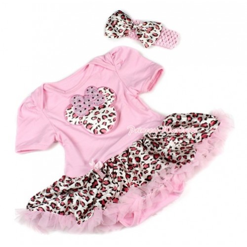 Light Pink Baby Bodysuit Jumpsuit Light Pink Leopard Pettiskirt With Light Pink Leopard Minnie Print With Light Pink Headband Light Pink Leopard Satin Bow JS1484 