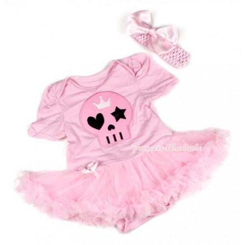 Halloween Light Pink Baby Bodysuit Jumpsuit Light Pink Pettiskirt With Light Pink Skeleton Print With Light Pink Headband Light Pink Silk Bow JS1485 