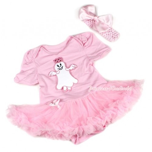 Halloween Light Pink Baby Bodysuit Jumpsuit Light Pink Pettiskirt With Princess Ghost Print With Light Pink Headband Light Pink Silk Bow JS1486 