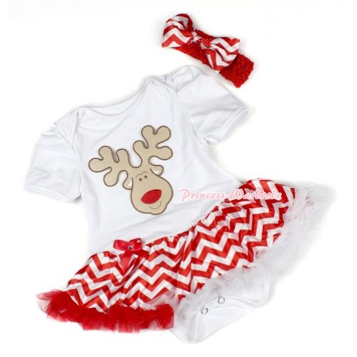Xmas White Baby Bodysuit Jumpsuit Red White Wave Pettiskirt With Christmas Reindeer Print With Red Headband Red White Wave Satin Bow JS1457 