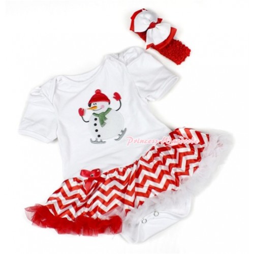 Xmas White Baby Bodysuit Jumpsuit Red White Wave Pettiskirt With Ice-Skating Snowman Print With Red Headband White Red Ribbon Bow JS1459 