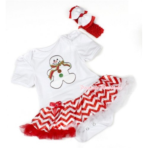 Xmas White Baby Bodysuit Jumpsuit Red White Wave Pettiskirt With Christmas Gingerbread Snowman Print With Red Headband White Red Ribbon Bow JS1460 