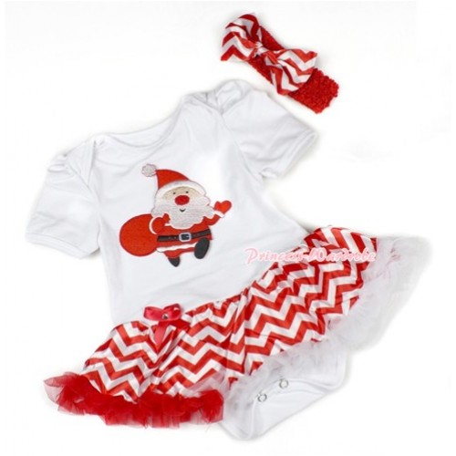 Xmas White Baby Bodysuit Jumpsuit Red White Wave Pettiskirt With Gift Bag Santa Claus Print With Red Headband Red White Wave Satin Bow JS1463 