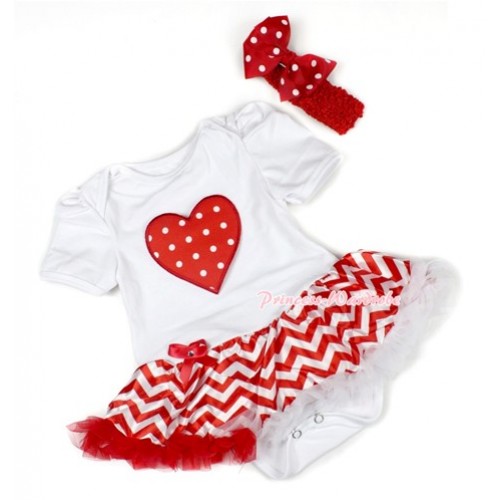 Xmas White Baby Bodysuit Jumpsuit Red White Wave Pettiskirt With Red White Dots Heart Print With Red Headband Red White Dots Ribbon Bow JS1464 