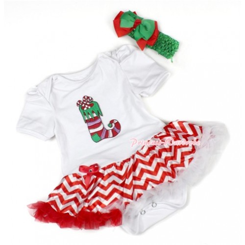Xmas White Baby Bodysuit Jumpsuit Red White Wave Pettiskirt With Christmas Stocking Print With Green Headband Green Red Ribbon Bow JS1465 