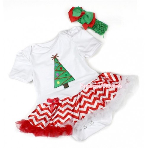 Xmas White Baby Bodysuit Jumpsuit Red White Wave Pettiskirt With Christmas Tree Print With Green Headband Green Red Ribbon Bow JS1467 