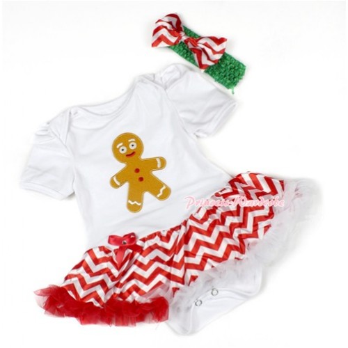 Xmas White Baby Bodysuit Jumpsuit Red White Wave Pettiskirt With Brown Gingerbread Man Print With Green Headband Red White Wave Satin Bow JS1468 