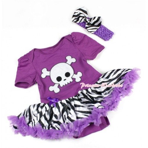 Halloween Dark Purple Baby Bodysuit Jumpsuit Dark Purple Zebra Pettiskirt With White Skeleton Print With Dark Purple Headband Zebra Satin Bow JS1505 